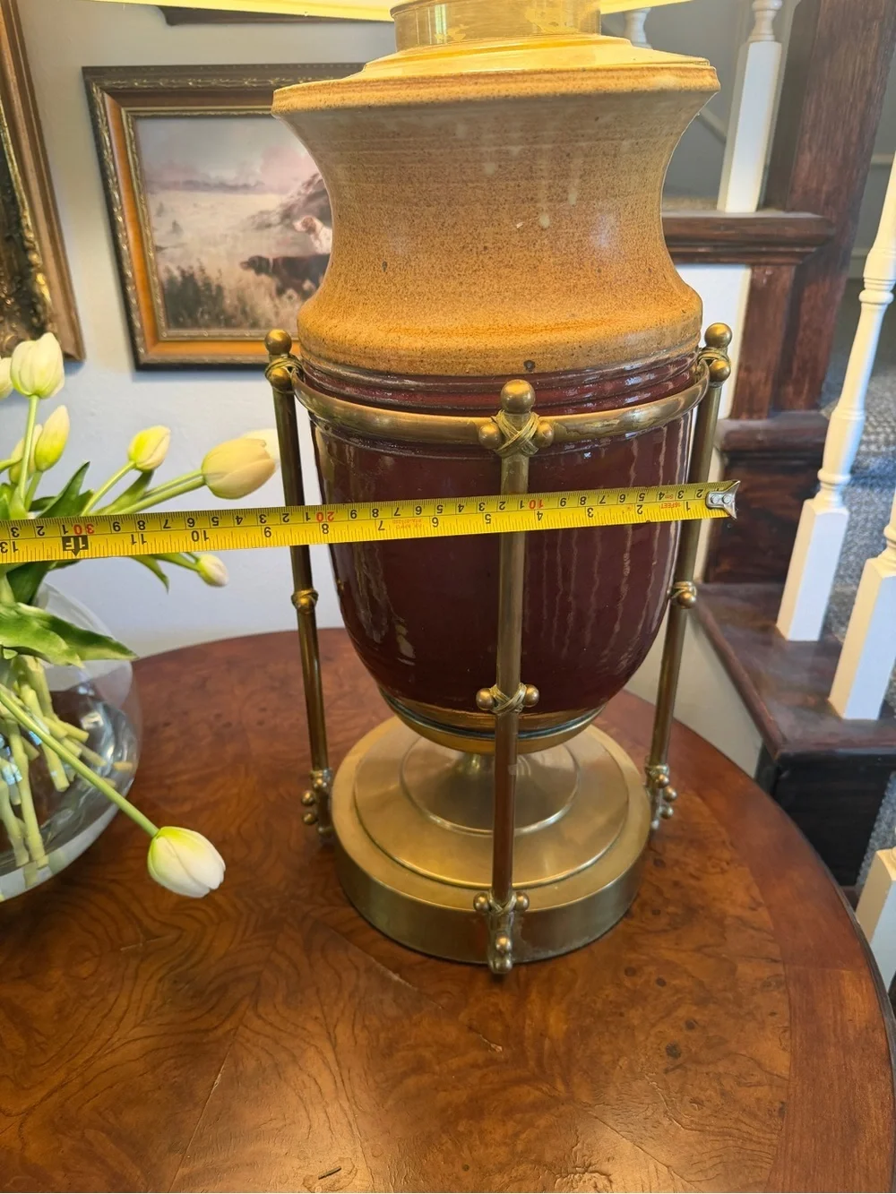 Vintage Mid Century Ceramic Brass Accent Table Lamp in Red and Tan by